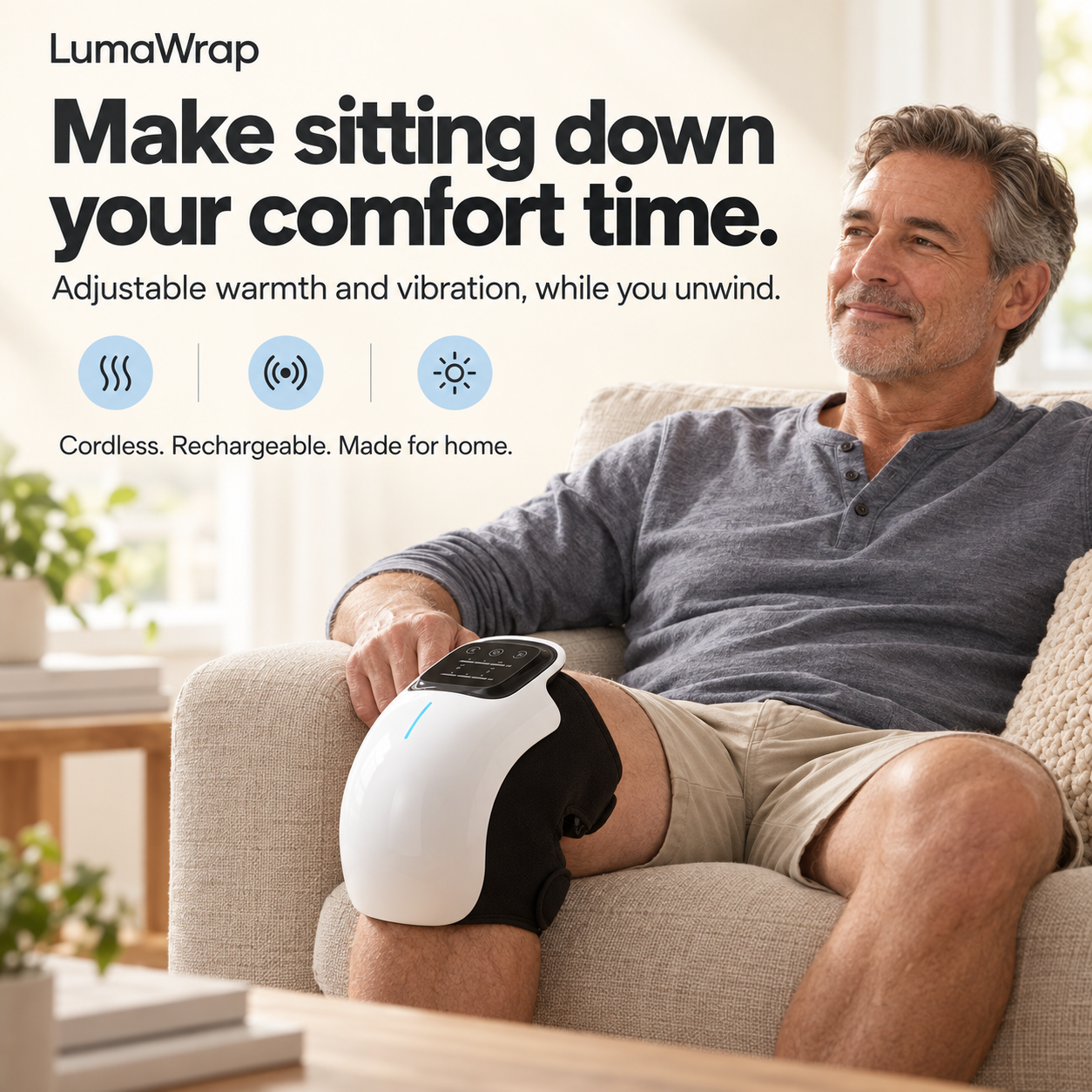 A seated adult wearing LumaWrap at home, demonstrating cordless warmth and vibration during downtime.