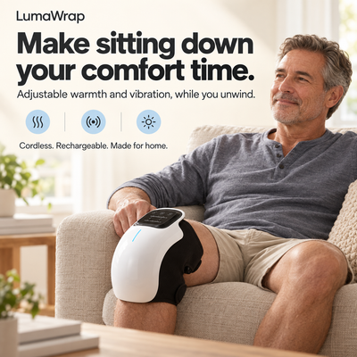 A seated adult wearing LumaWrap at home, demonstrating cordless warmth and vibration during downtime.