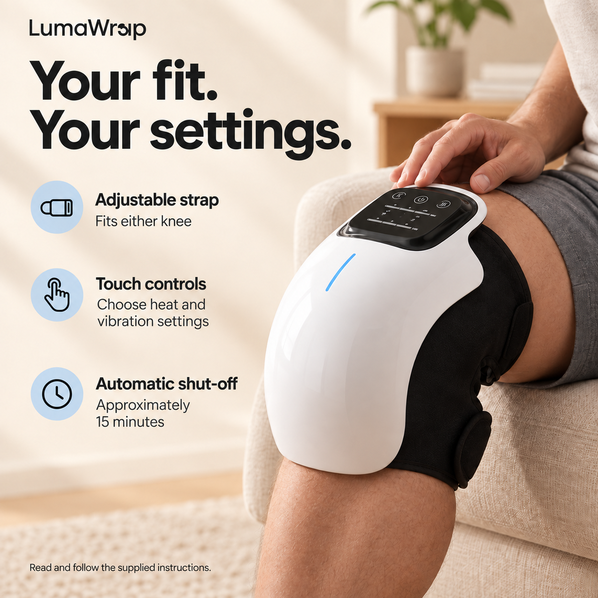 LumaWrap feature guide showing warmth, vibration, and built-in red and near-infrared light