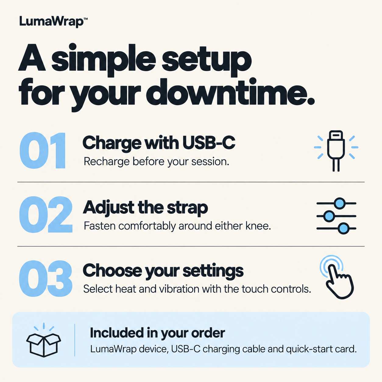 LumaWrap setup guide: charge with USB-C, adjust the strap around either knee, and choose heat and vibration settings. Device, charging cable, and quick-start card are included.