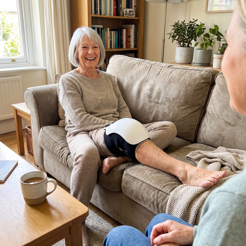 Fictional lifestyle scene with a seated woman and a knee wrap