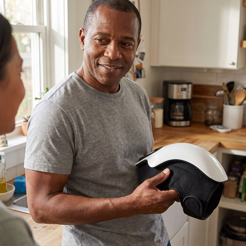 Fictional lifestyle scene of a man holding a knee wrap at home