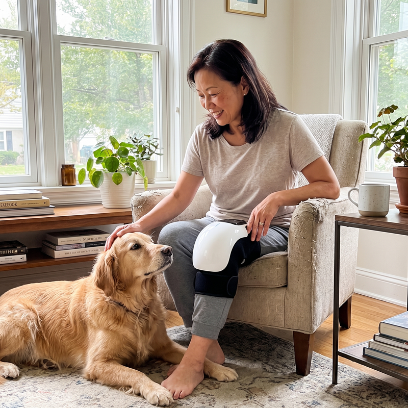 Fictional lifestyle scene of a woman with a dog and a knee wrap