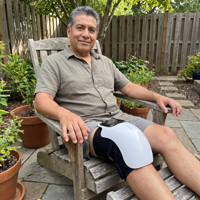 Fictional lifestyle scene of a man seated outdoors wearing a knee wrap