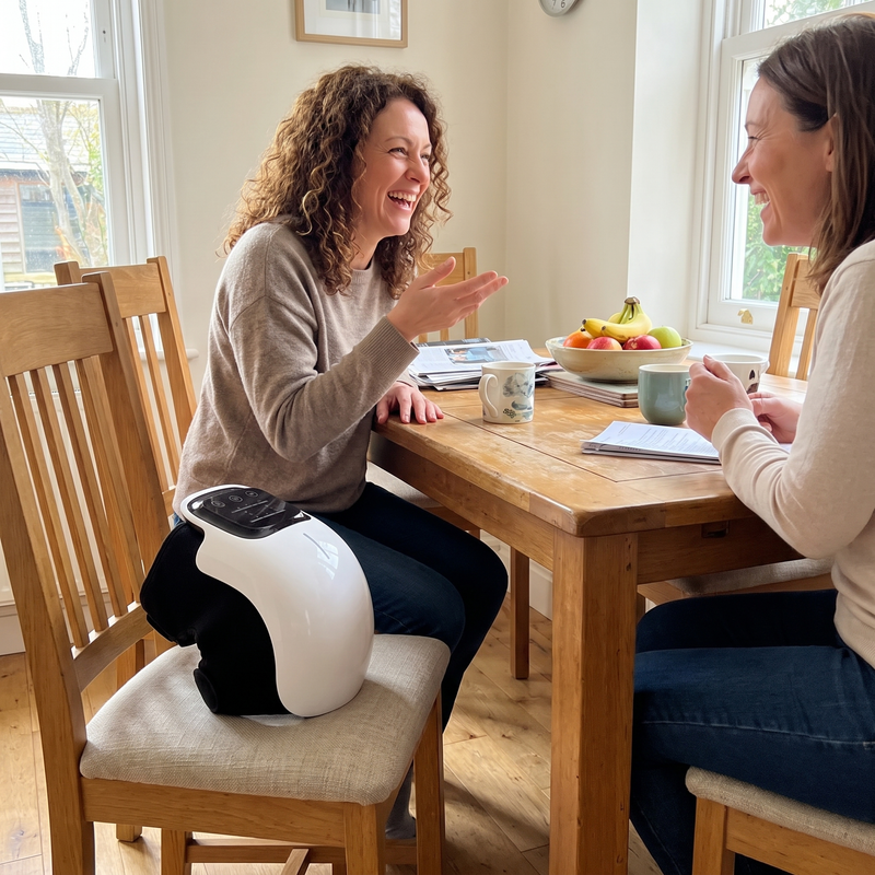 Fictional lifestyle scene of two women talking with a knee wrap nearby