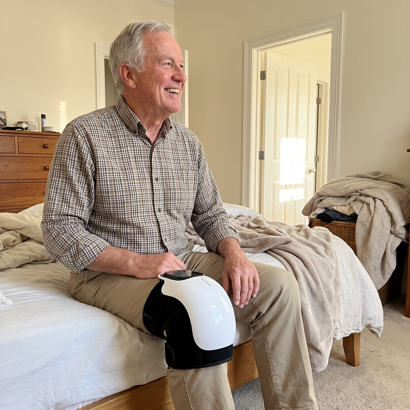 Fictional lifestyle scene of a man seated on a bed wearing a knee wrap