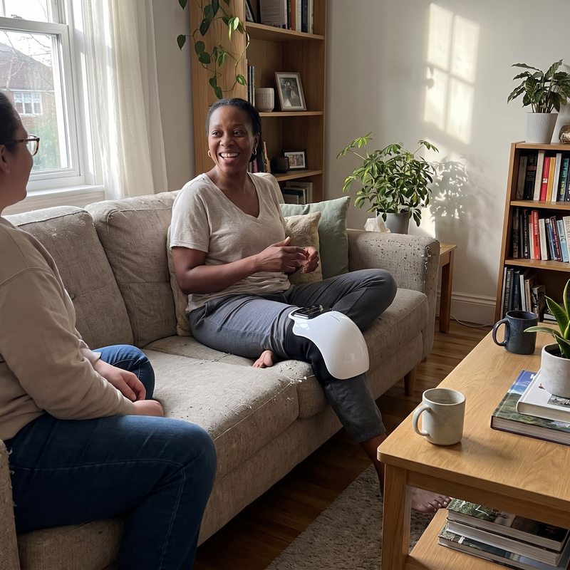 Fictional lifestyle scene of a woman chatting while wearing a knee wrap