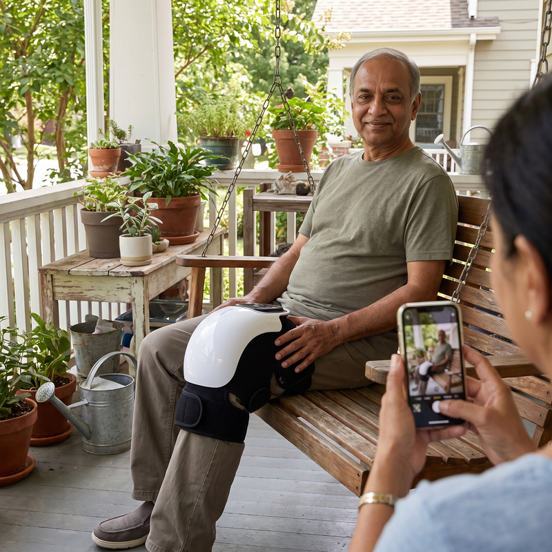 Fictional lifestyle scene of a man seated outdoors with a knee wrap