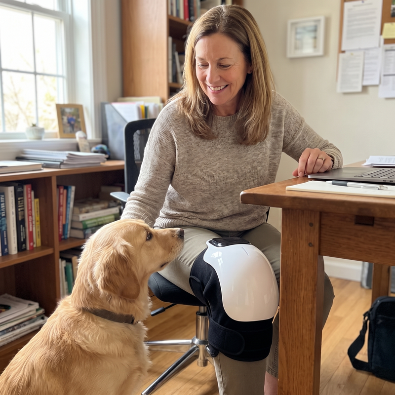 Fictional lifestyle scene of a woman with a pet wearing a knee wrap