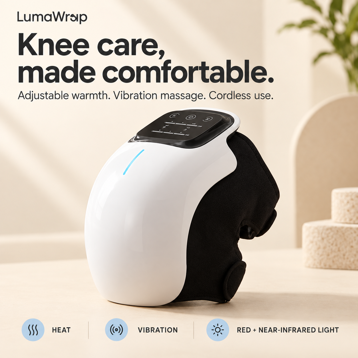 LumaWrap knee wrap with white shell and black adjustable straps, highlighting adjustable warmth, vibration massage, and cordless use.
